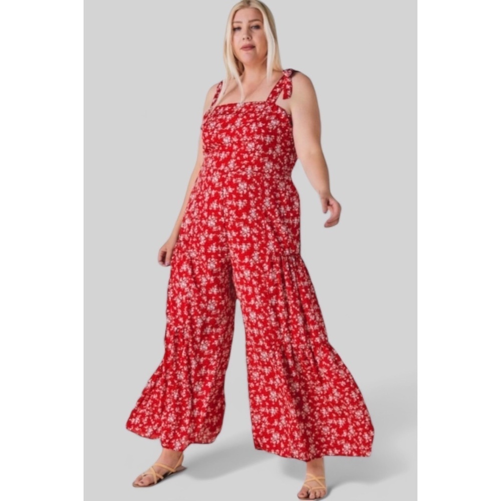 Davi & Dani Red Floral Print Wide Leg Jumpsuit - Picture 9 of 9